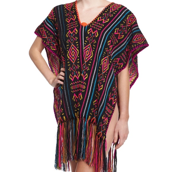 Miguelina Livia Embroidered Poncho Coverup W/Fringe Hem, Size M/L